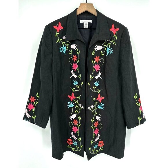 Pursuits linen Blazer Women 16 Black Floral Embroidered Long Sleeve Open Front - Picture 1 of 11